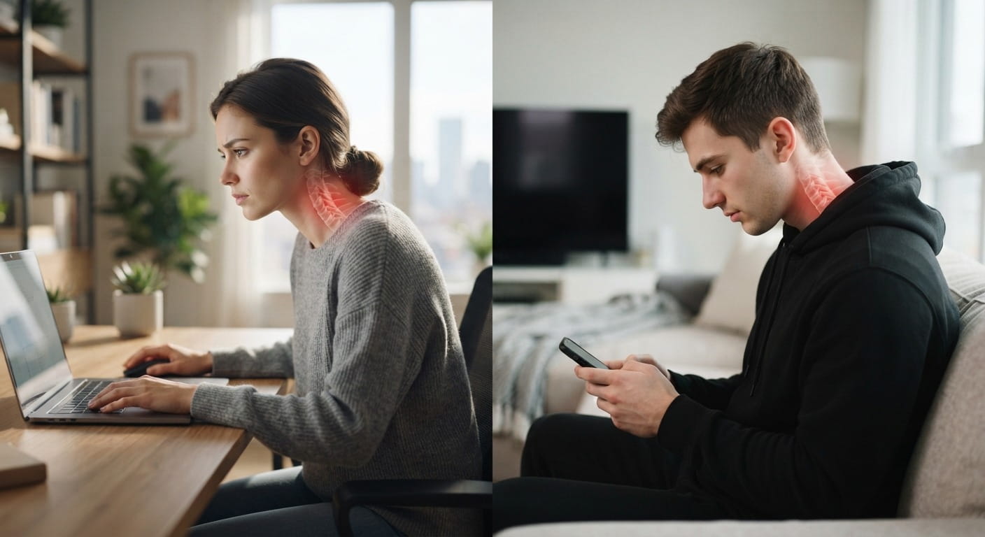 Common causes of neck pain including posture and text neck